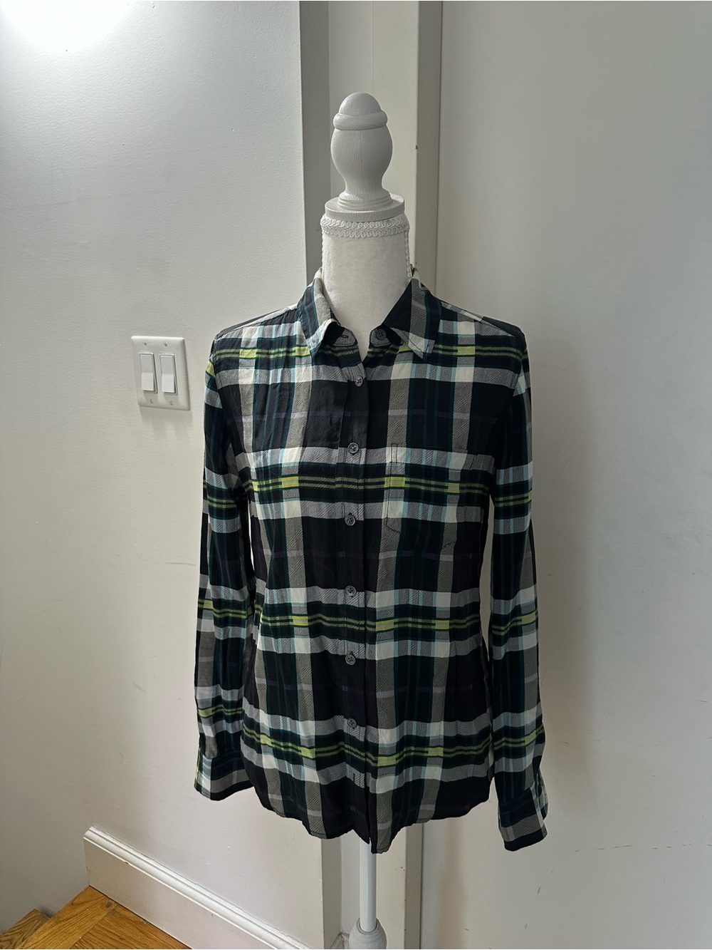 Equipment Plaid Button-Down Shirt in Black, White and Green